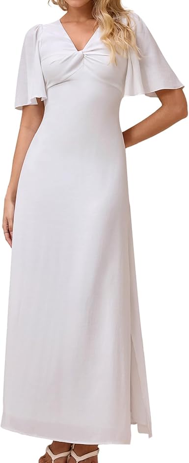 Women's Summer Short Sleeve Casual Long Dress – V-Neck Twisted Front A-Line Slit Maxi Dress for Wedding Guest & Spring
