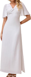 Women's Summer Short Sleeve Casual Long Dress – V-Neck Twisted Front A-Line Slit Maxi Dress for Wedding Guest & Spring