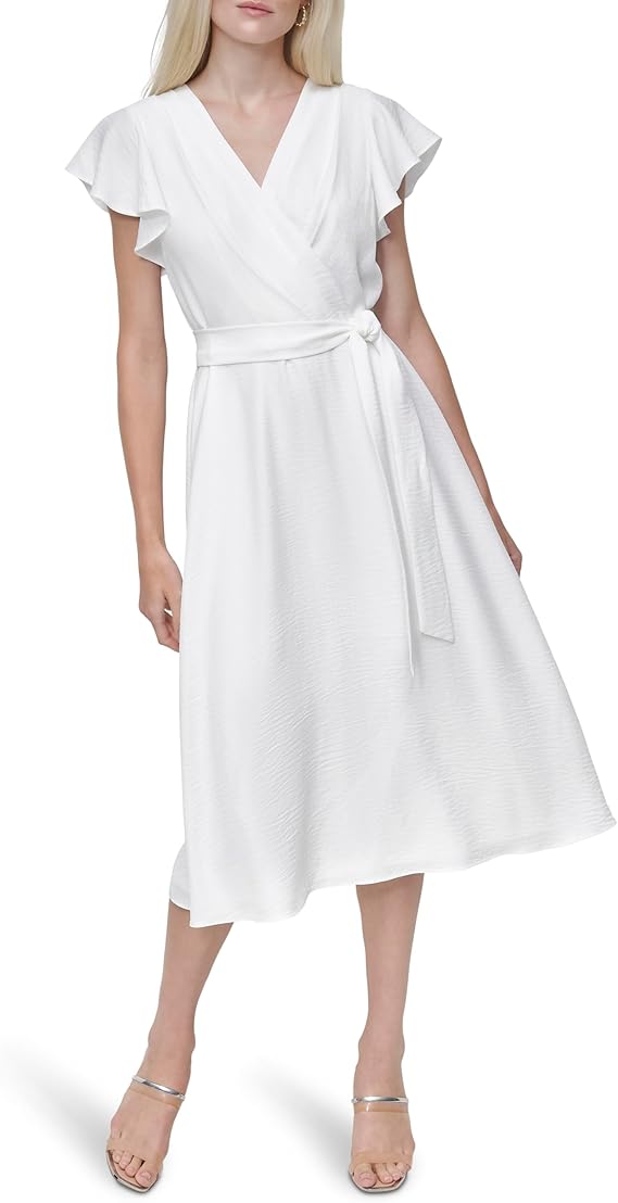 Women's Butterfly Sleeve Tie-Waist Slim Fit Flared Midi Dress