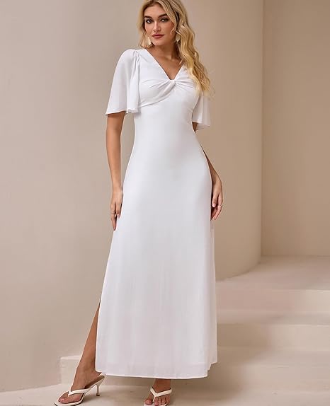 Women's Summer Short Sleeve Casual Long Dress – V-Neck Twisted Front A-Line Slit Maxi Dress for Wedding Guest & Spring